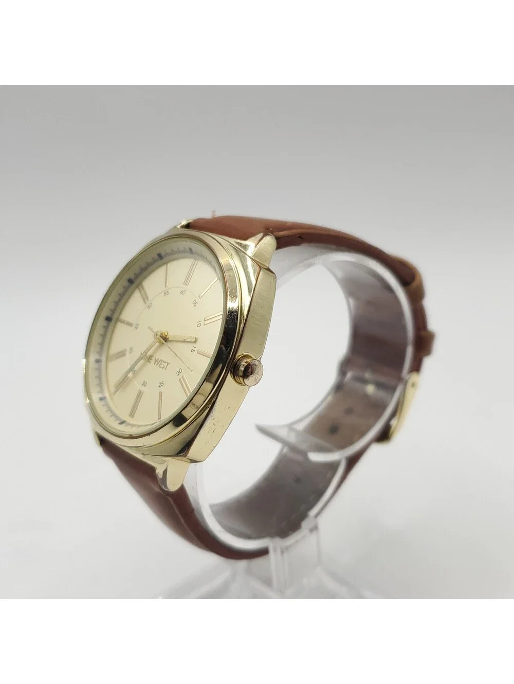 Nine West Quartz Gold Tone Brown Leather Band Womens Watch 36mm New Battery